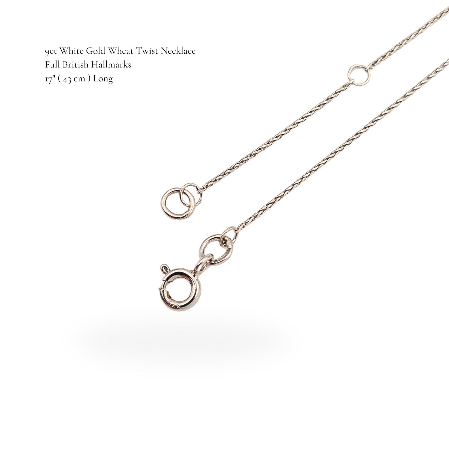 17"  White Gold Wheat Twist Necklace 0.75 mm wide  Fine Gold Chain