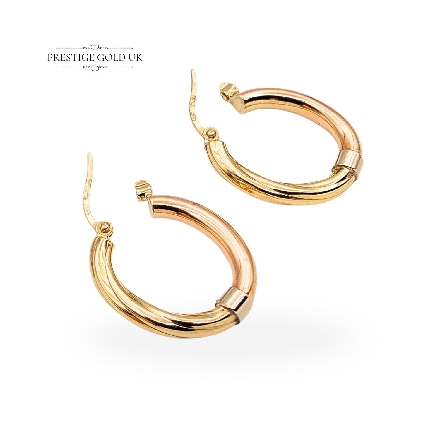 9ct Gold Tri Colour Oval Vintage Hoops, Yellow, White & Rose Gold