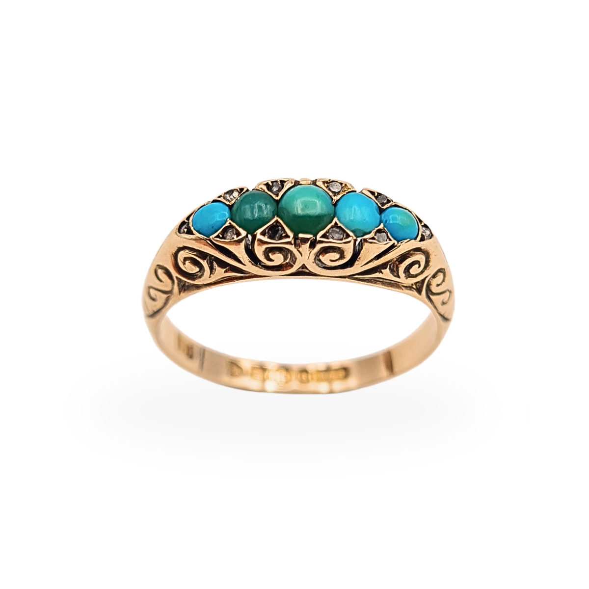 Antique 9ct Gold Turquoise Diamond 5 Stone Ring,  Chester Hallmark 1902 UK P US 7 3/4