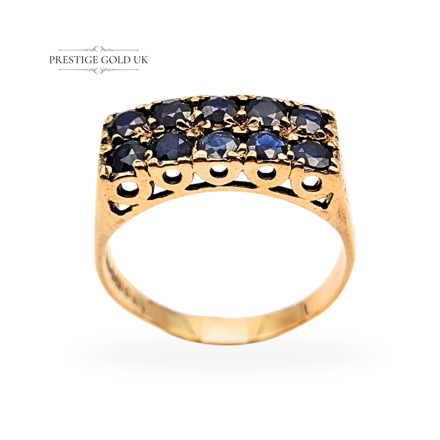 9ct Gold Twin Row Sapphire Ring, Floral-claw Setting Band UK T, US 9 3/4