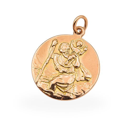 Solid 9ct rose gold round St Christopher pendant with detailed raised religious motif