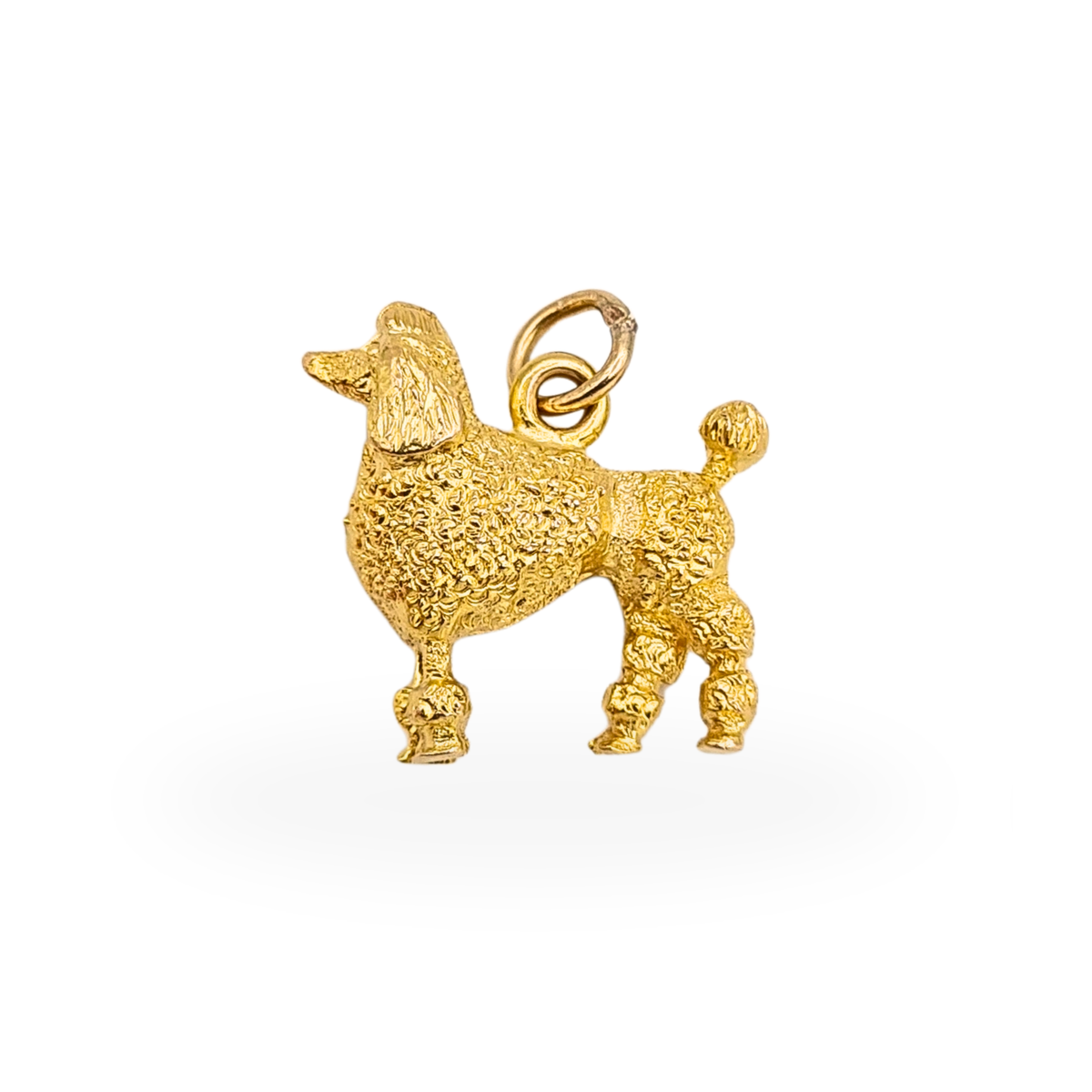 Solid 9ct yellow gold standing poodle dog charm with detailed textured coat and jump ring