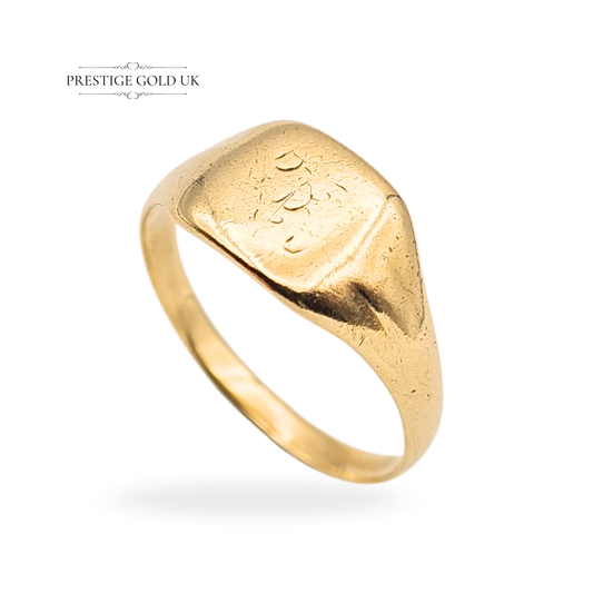 Antique 9ct gold signet ring weighing 2.38g, stamped 9ct and fully tested, size UK O 1/2 (US 7.5), with an 8mm square monogrammed face, showcasing softened wear and characterful patina from years of use, a true heirloom piece.