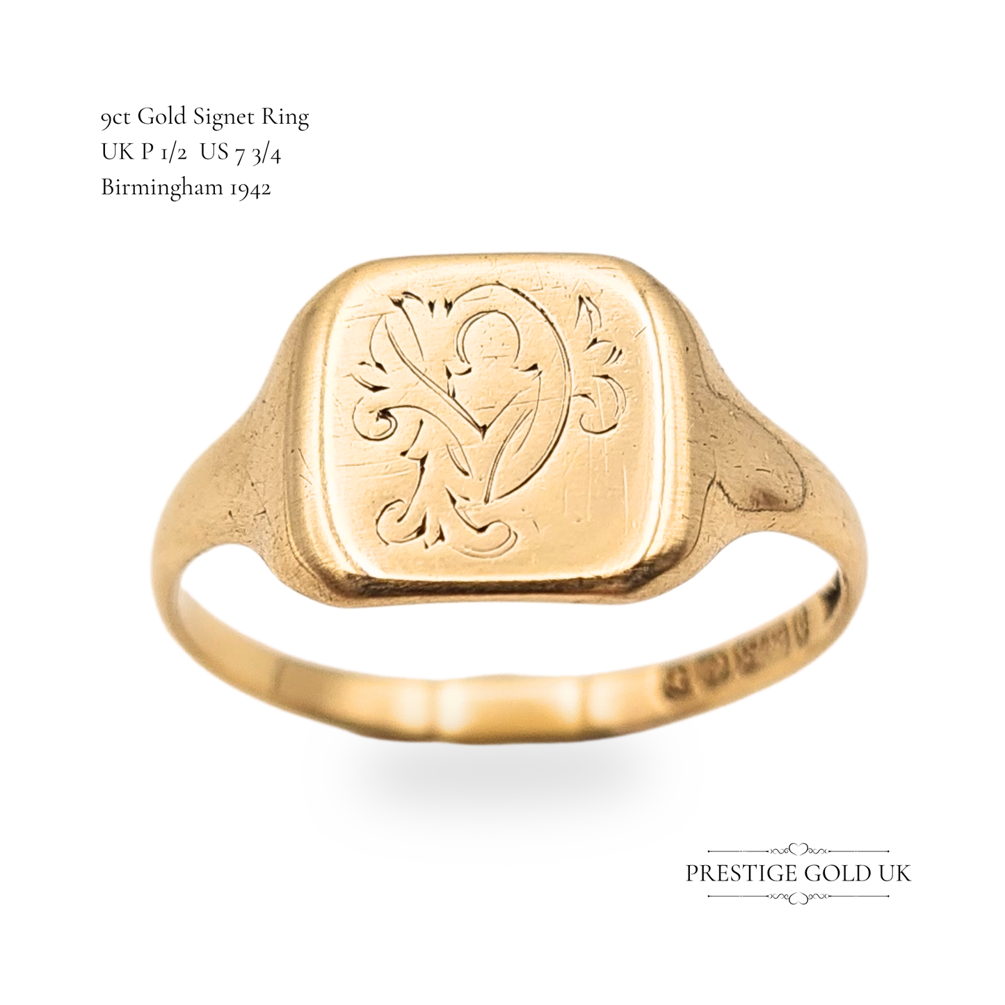 1940's Tiny 9ct Gold Signet Ring With Monogrammed Face, Size  UK P 1/2 US 7 3/4