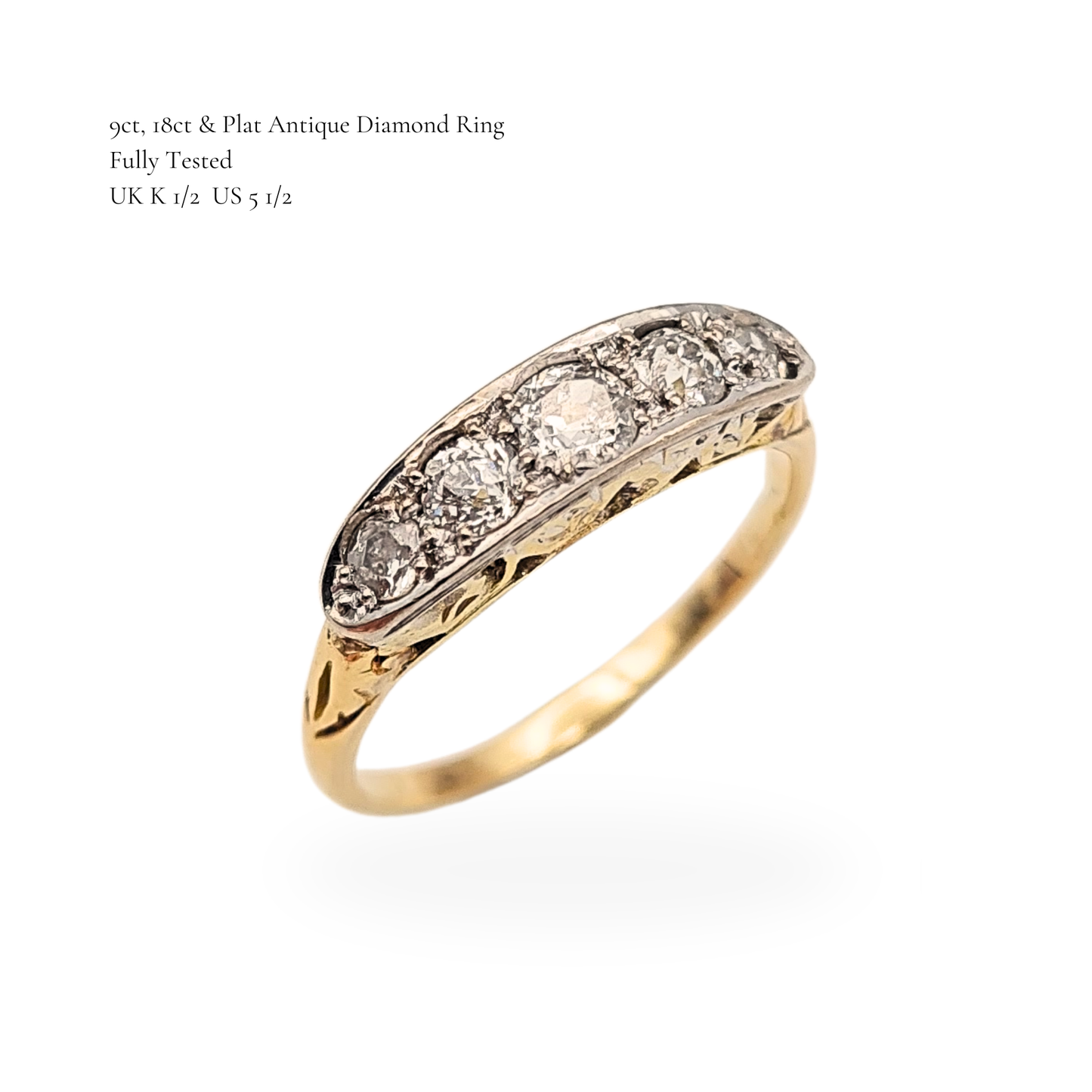 Antique Diamond Ring, 5 Old Cut Stones, 9ct/18ct Plat, UK K 1/2