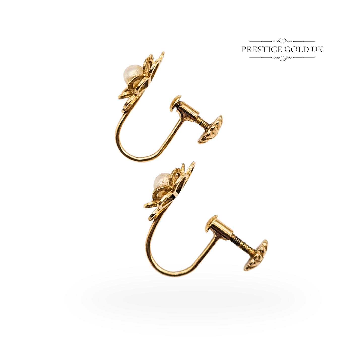 9ct Gold Screw Back Earrings, Floral Design With Pearl Centres For Non pierced ears