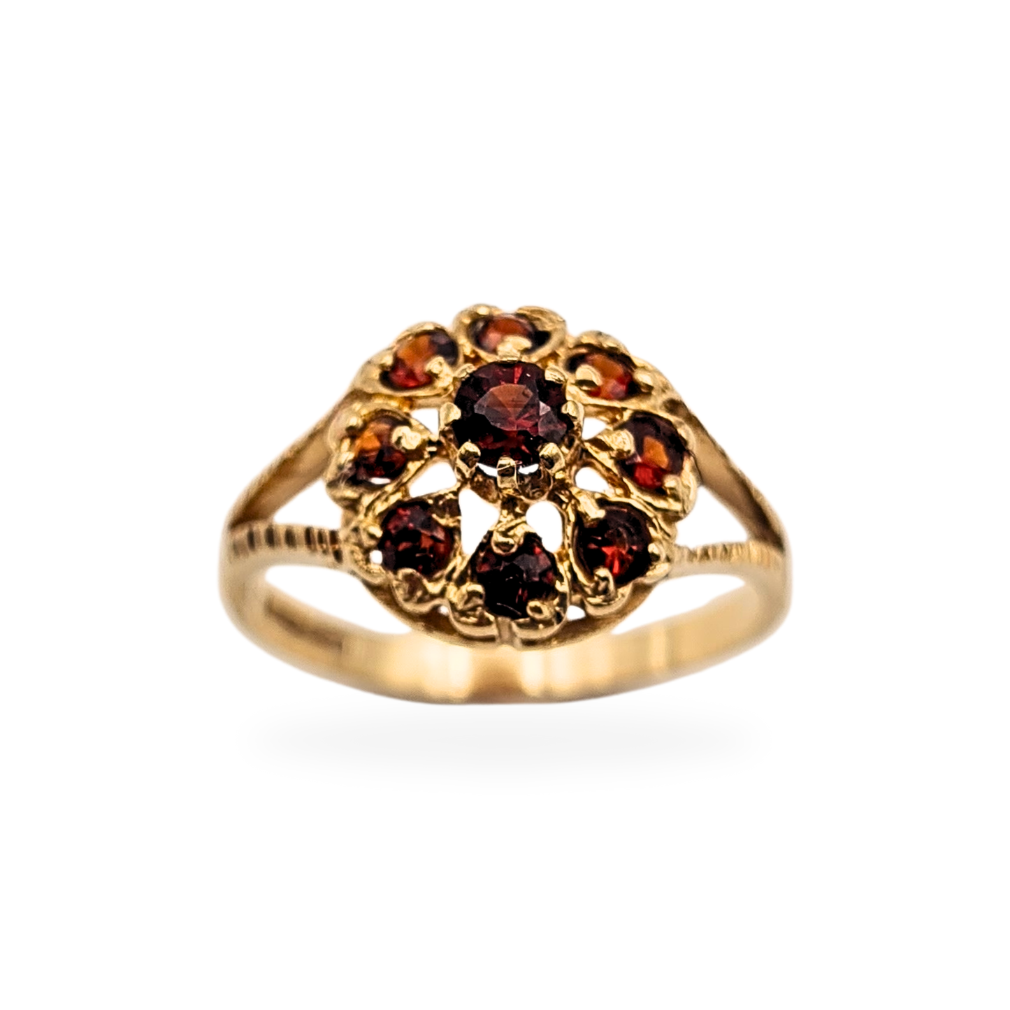 9ct Gold Garnet Cluster Ring 1970 Birmingham Hallmark UK K 1/2
