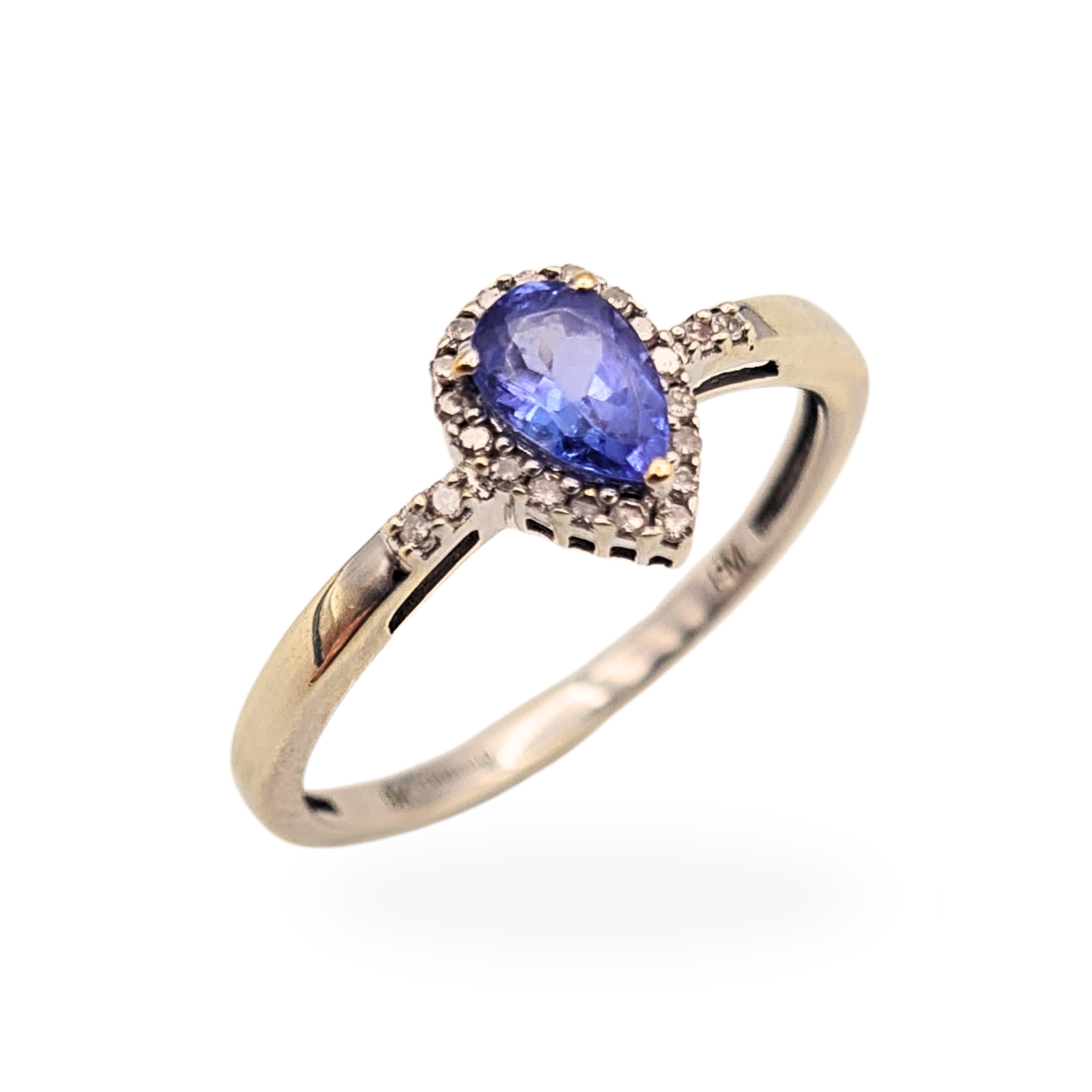 9ct White Gold Tanzanite Diamond Ring Pear Halo UK P US 7 3/4