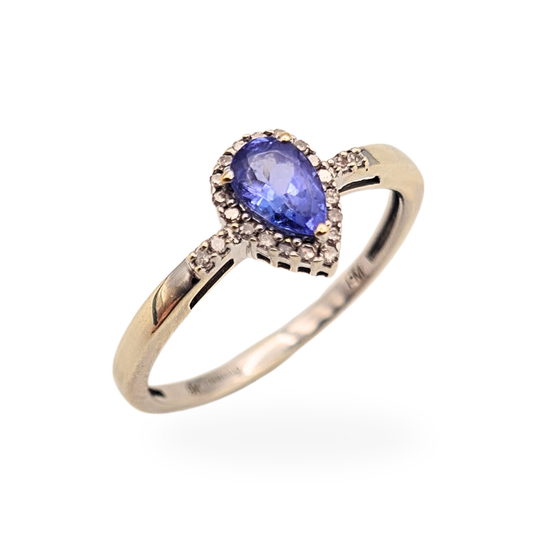 9ct White Gold Tanzanite Diamond Ring Pear Halo UK P US 7 3/4