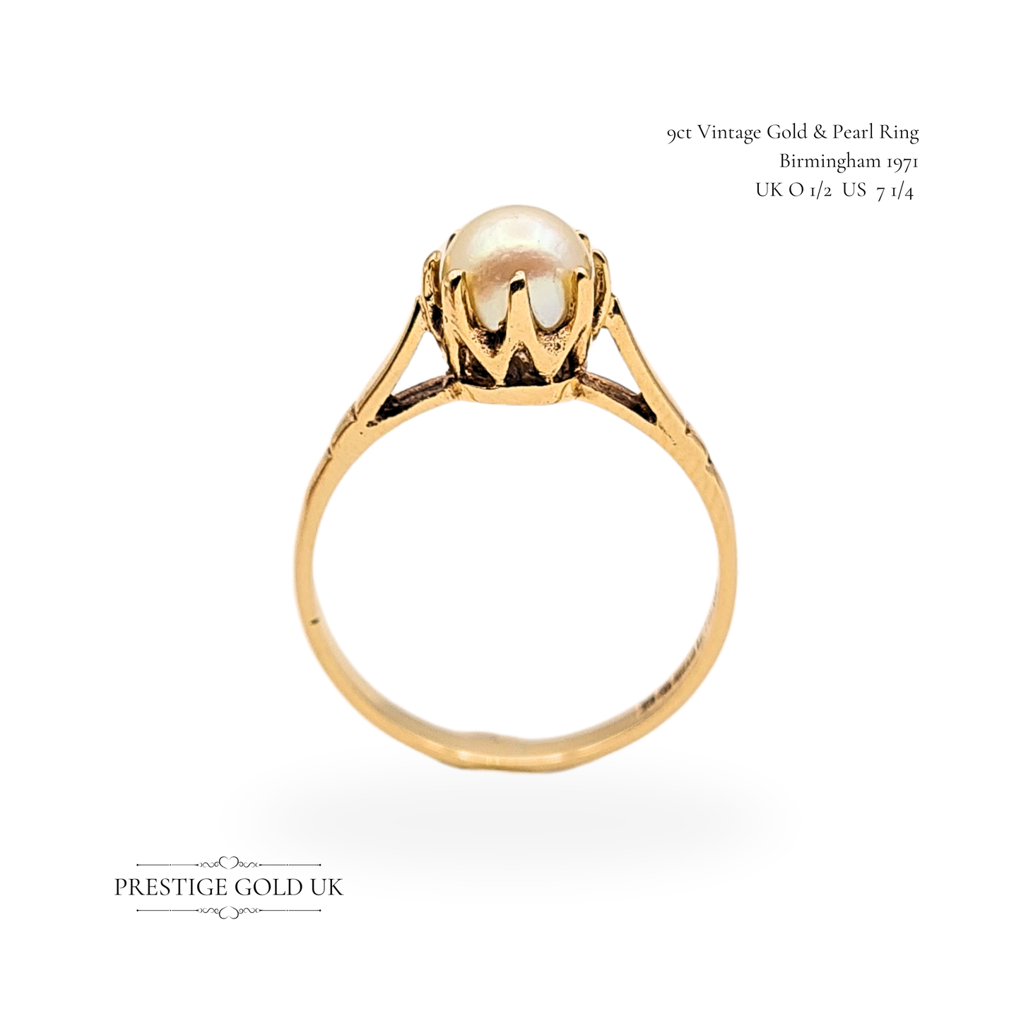 9ct Gold Large Pearl Solitaire Ring, Vintage 1970's Ring UK O 1/2  US 7 1/4
