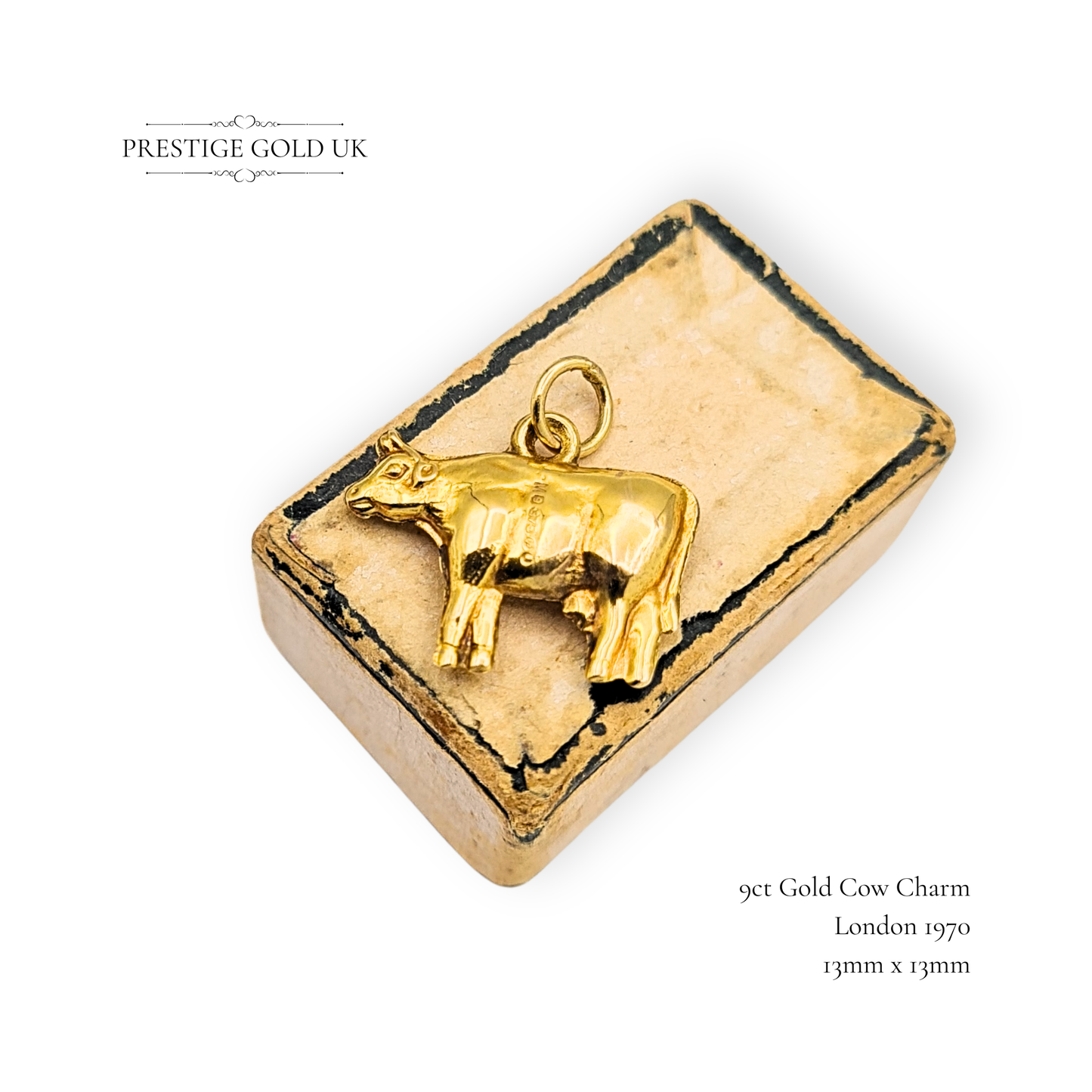 9ct Gold Cow Charm, 1970's Puffy Miniature Farm Animal Pendant