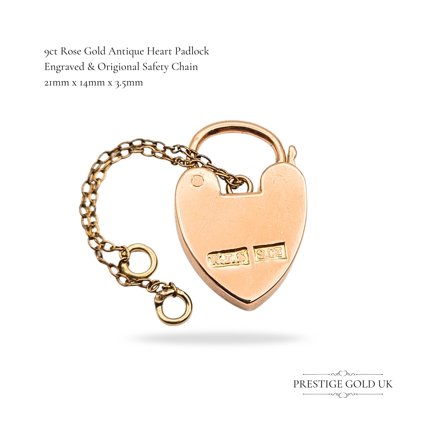 9ct Rose Gold Antique Heart Padlock Pendant, Engraved, With Safety Chain