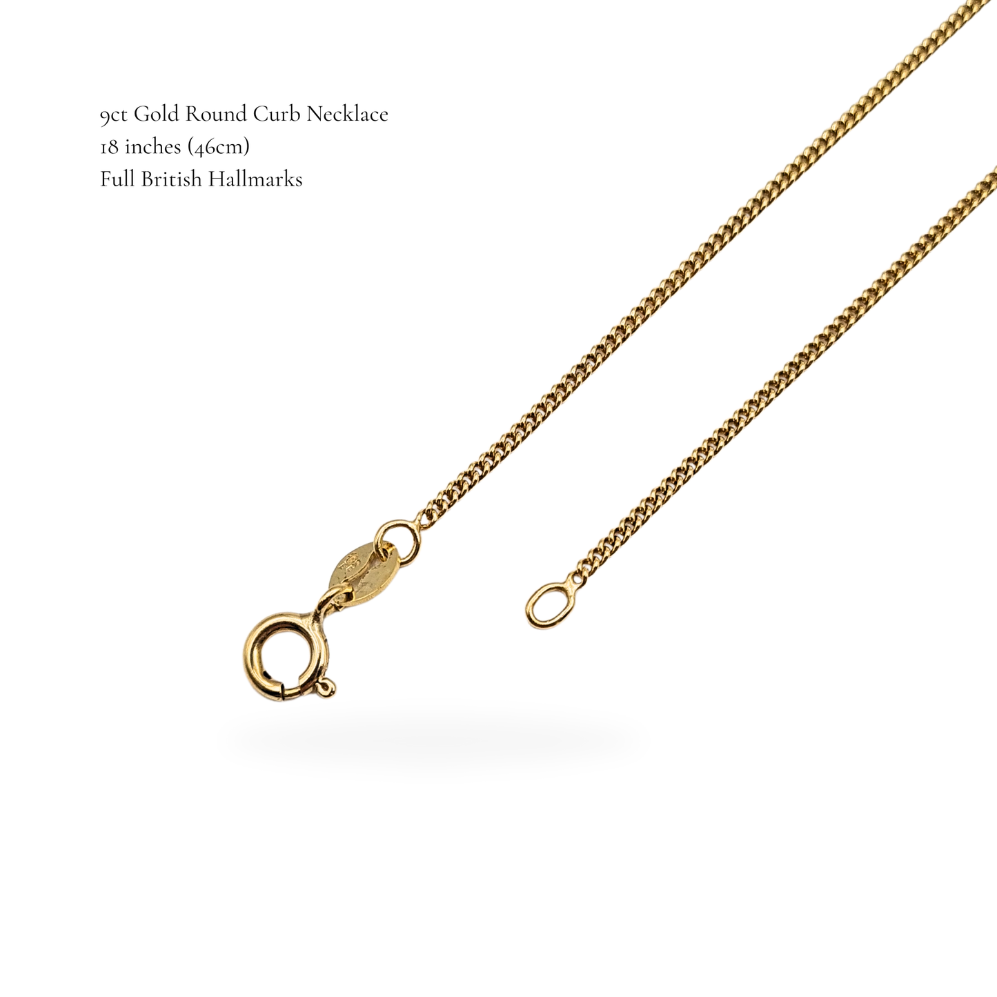 18" Gold Round Curb Chain Necklace, British Hallmarked 9ct, Spring Clasp