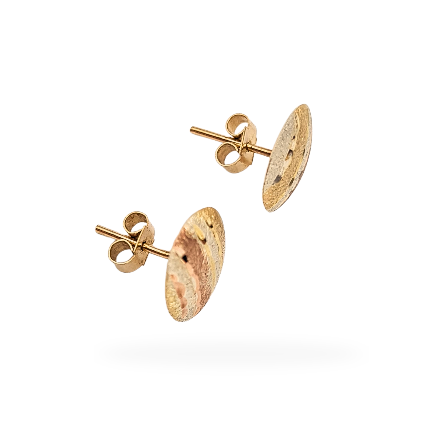 9ct Gold Two Colour Round Stud Earrings, 10mm Engraved Disc Design