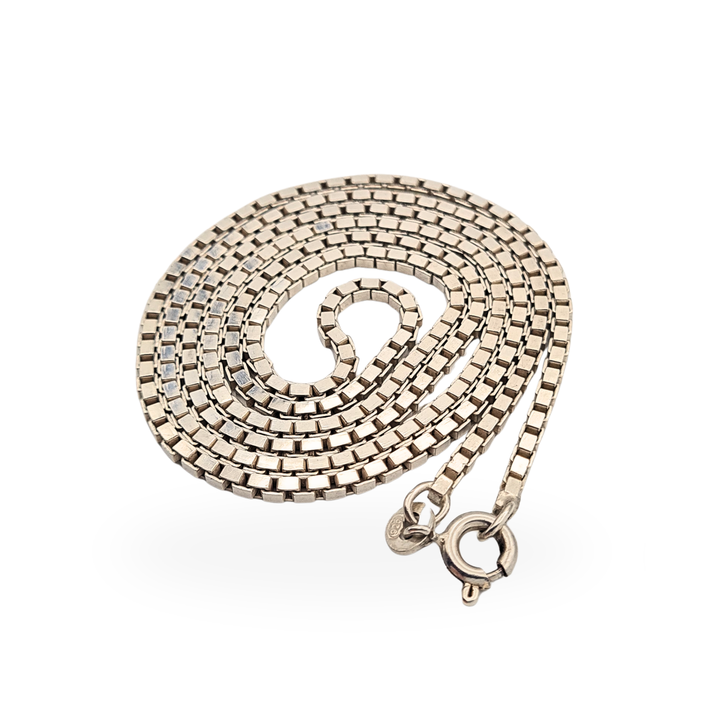 Sterling silver 925 box chain necklace measuring 24 inches or 60cm long and 1.9mm wide, fully British hallmarked with square link construction and spring ring clasp, medium weight silver chain with smooth finish and classic design