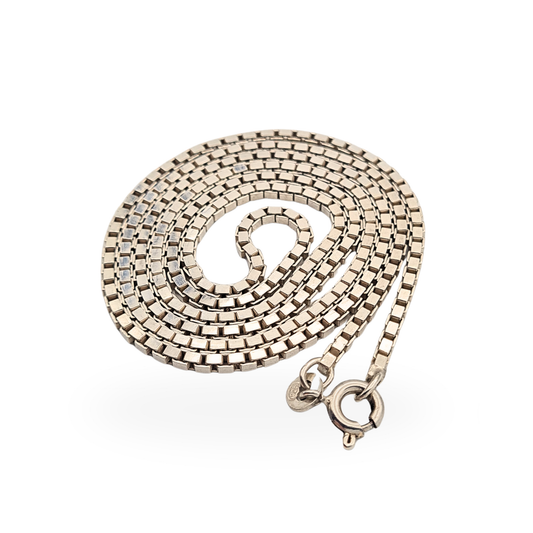 Sterling silver 925 box chain necklace measuring 24 inches or 60cm long and 1.9mm wide, fully British hallmarked with square link construction and spring ring clasp, medium weight silver chain with smooth finish and classic design