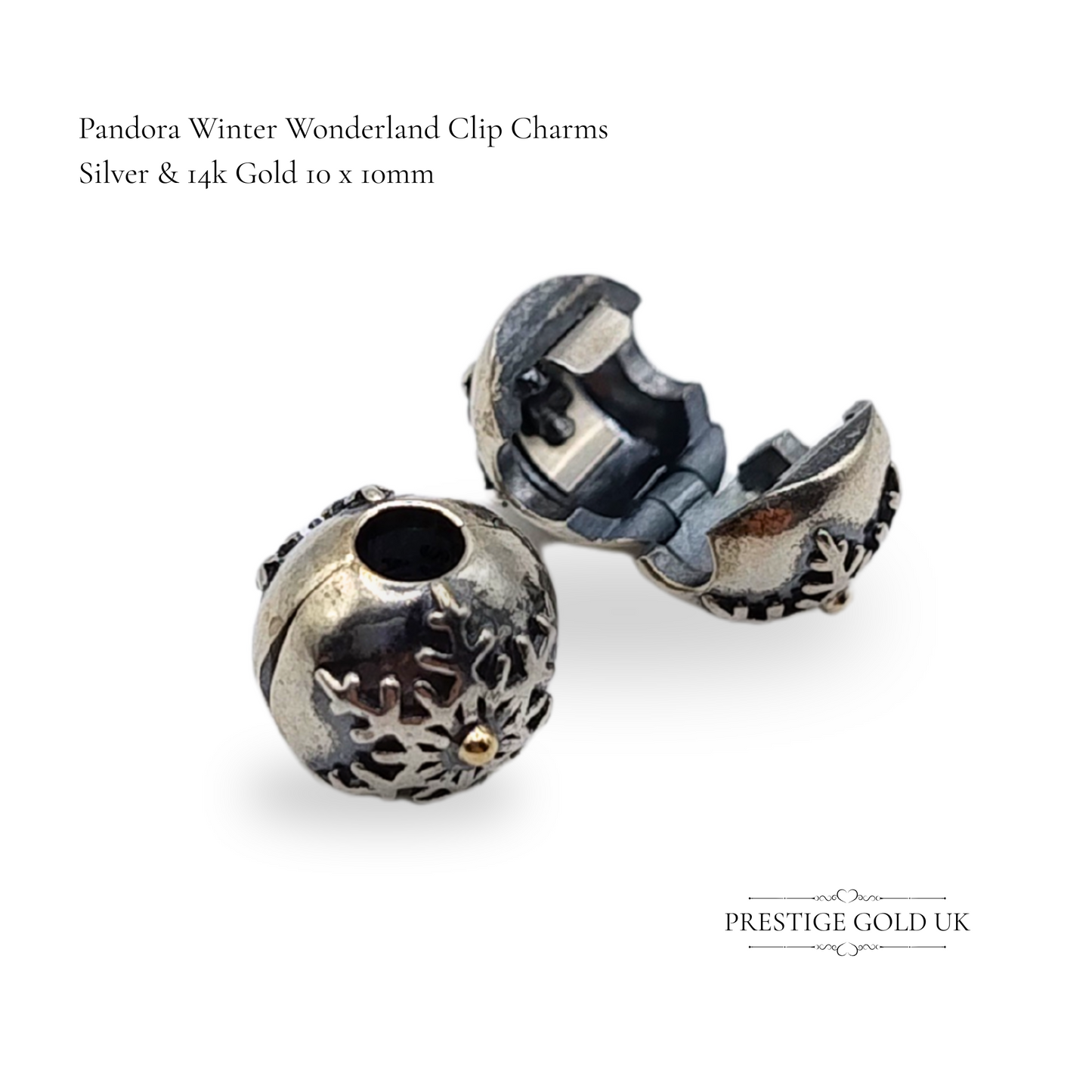 Pair of Pandora Silver Winter Wonderland Snowflake Charms 14k Gold ALE 791232