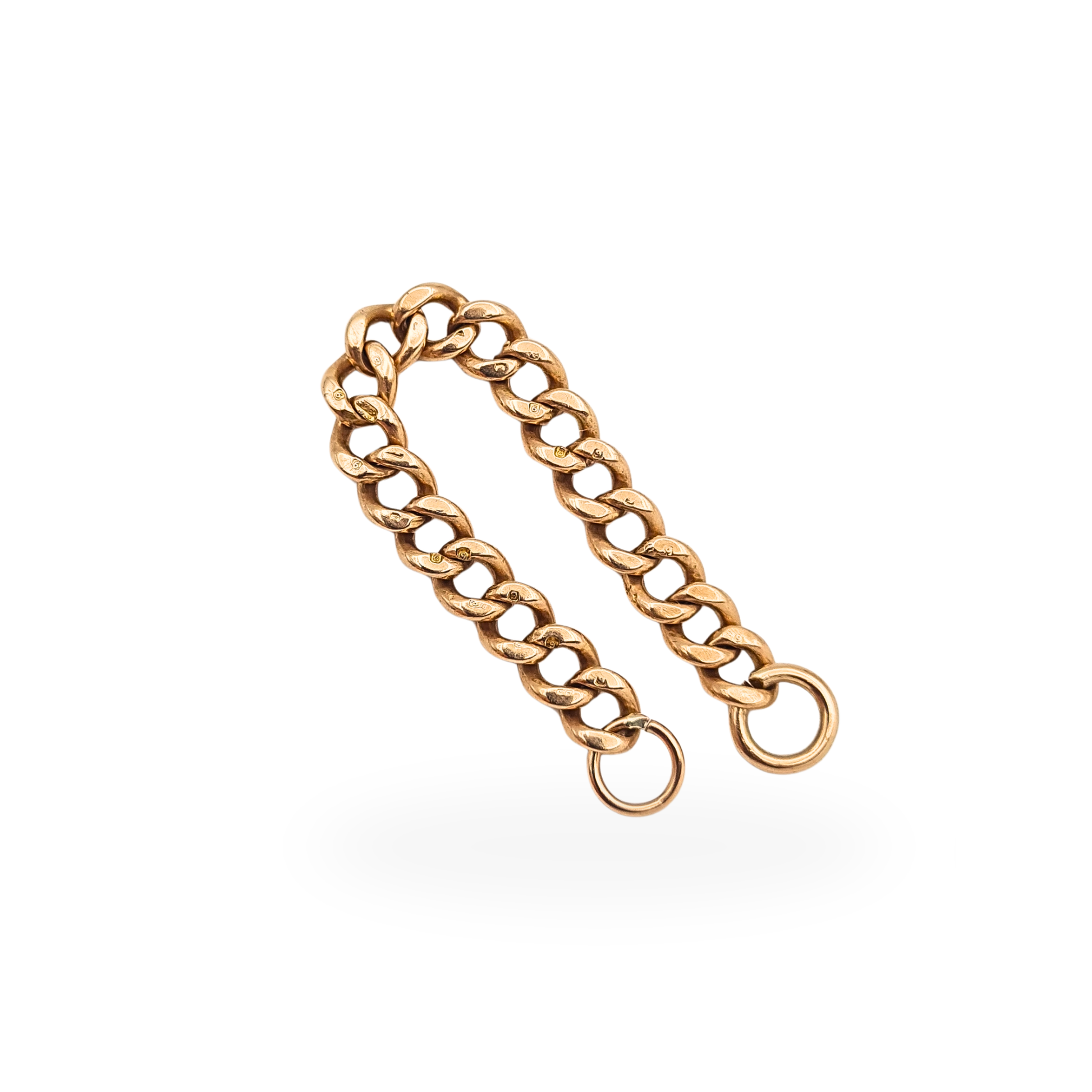 Antique 9ct rose gold solid curb link chain extender with stamped links and open jump rings, 9cm long and fully tested.

