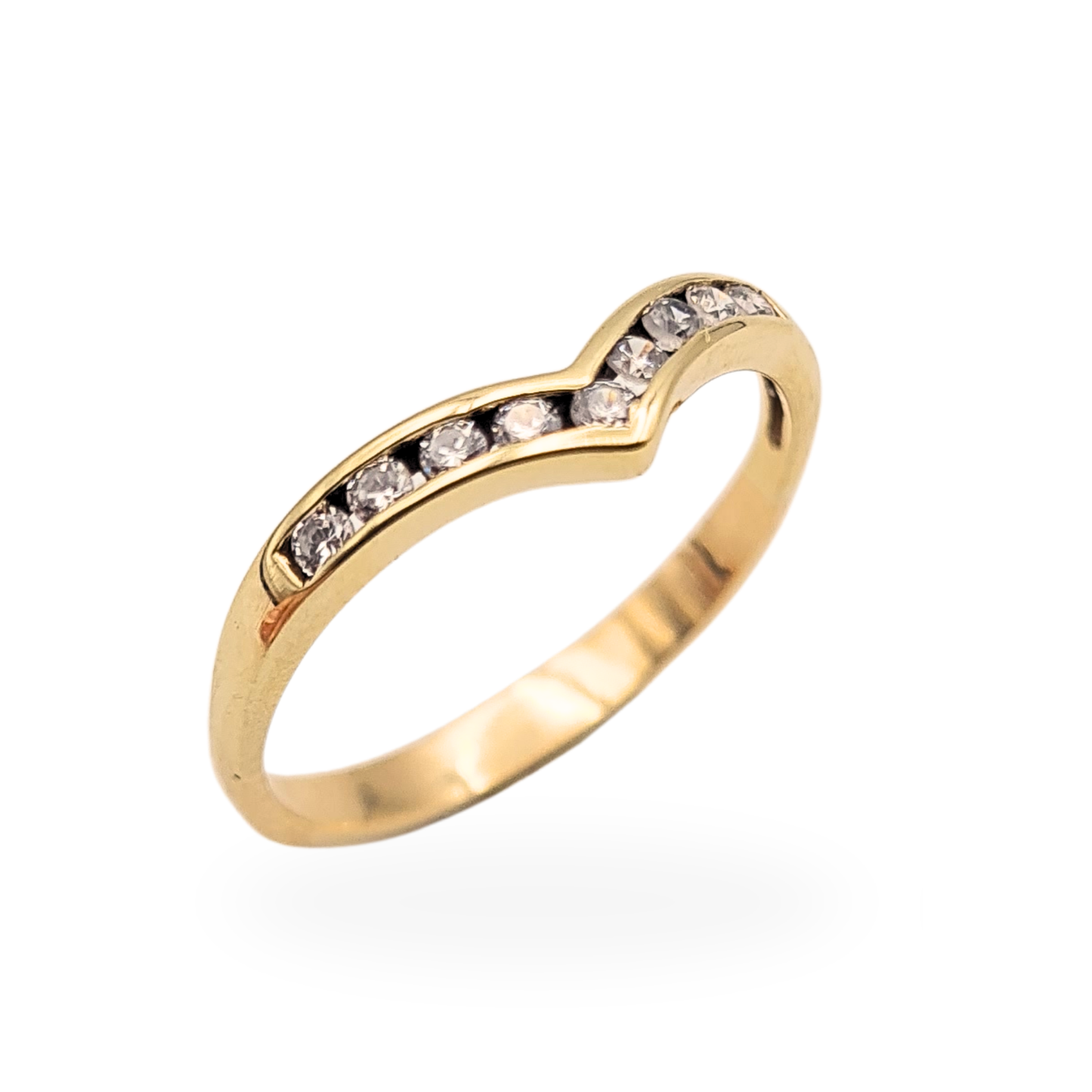 9ct Gold CZ Wishbone Ring Chevron Yellow Gold Band UK L 1/2 US 6
