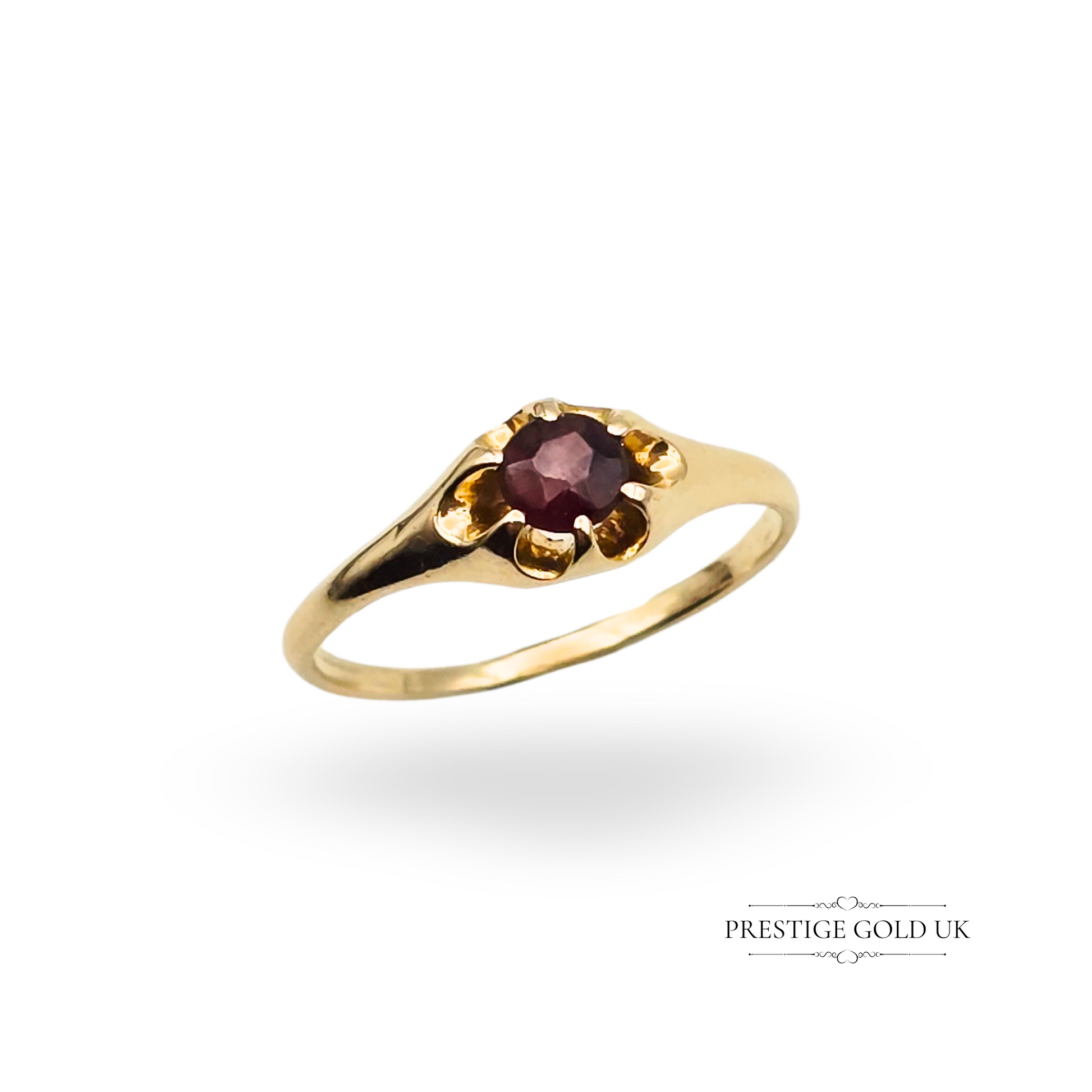 Petite vintage 14ct gold pinky ring with claw set round garnet in a warm red tone, slim engraved band, stamped 14k, UK size G US 3.5, dainty and feminine estate style, perfect for gifting or daily wear.
