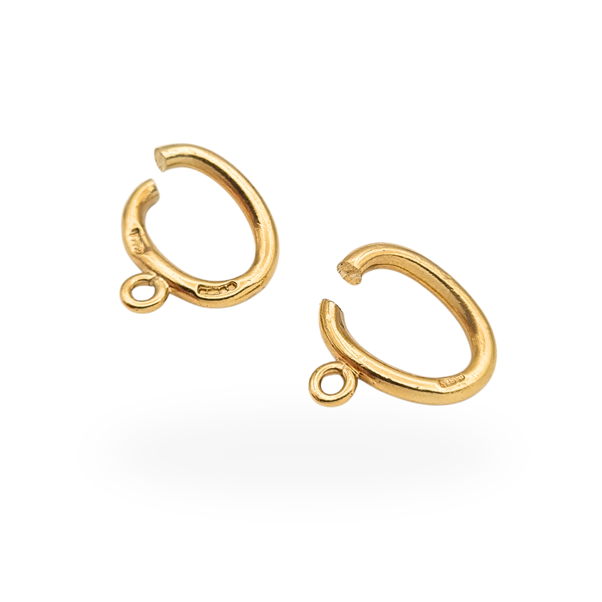 Pair of solid 9ct yellow gold oval open jump rings with small charm rings, Sheffield hallmarked jewellery findings