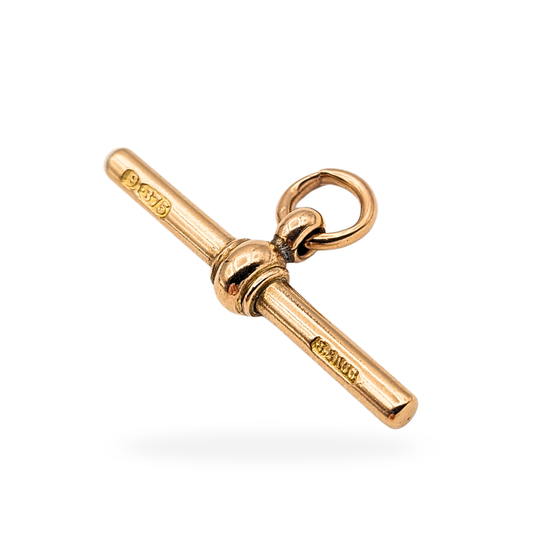 Antique 9ct rose gold Albert chain T bar stamped 375 and fully tested, measuring 31mm long with an 8mm jump ring and weighing 3.21g. Solid gold toggle bar clasp suitable for pocket watch chains, Albert chains, and antique jewellery restoration.