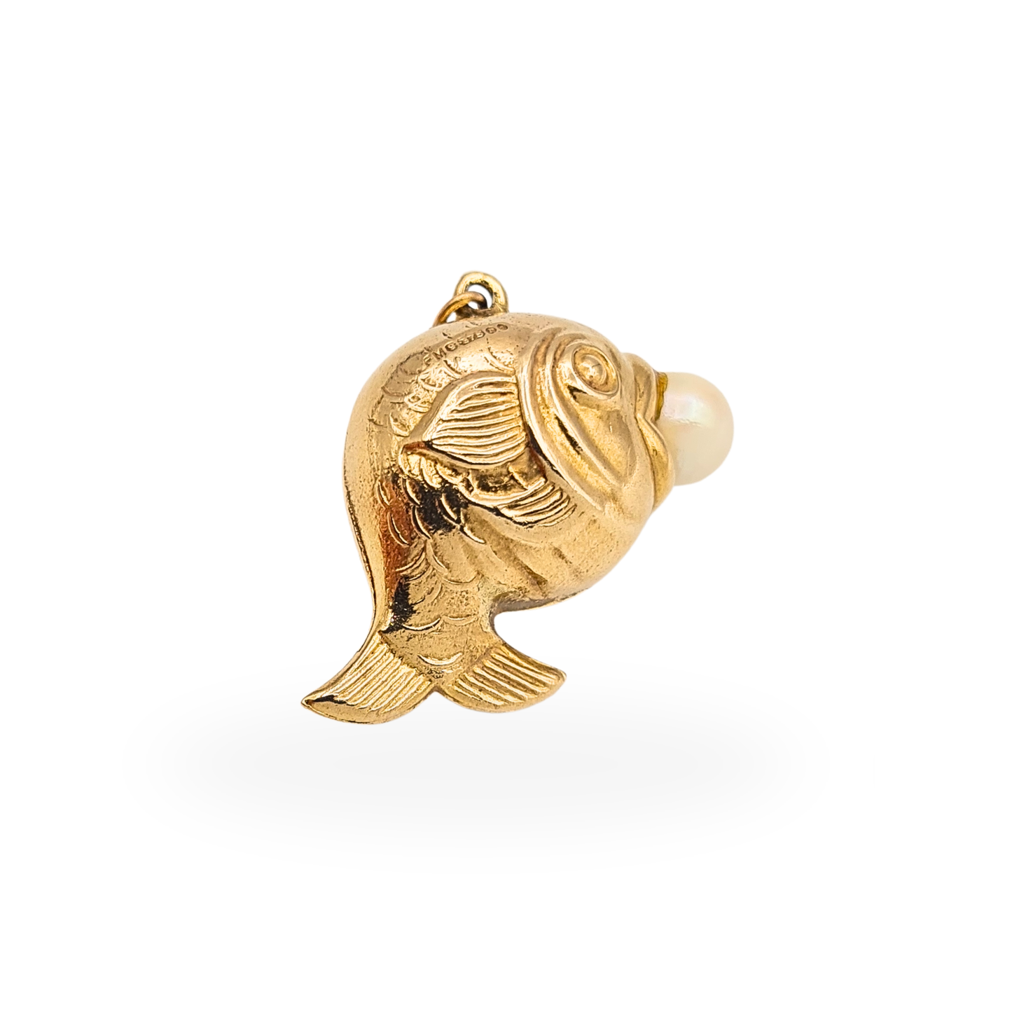 Vintage 9ct Gold Fish with Pearl Charm Puffy Cartoon Pendant Hallmarked 1972