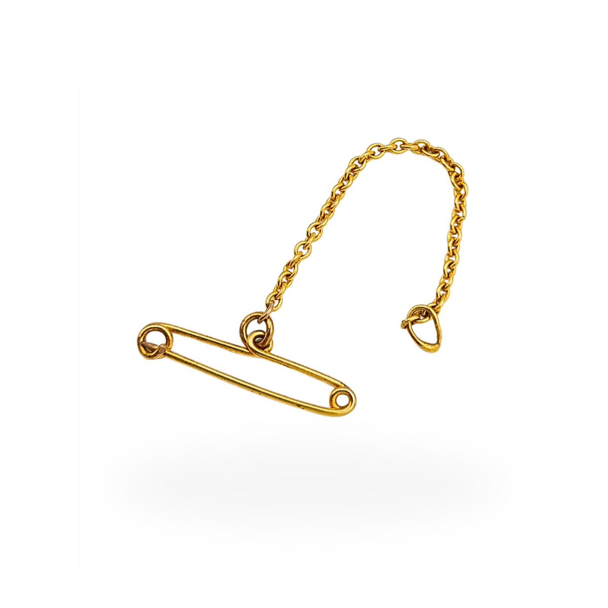 9ct gold antique brooch safety chain with 18mm safety pin clip and 45mm fine gold chain, tested as 9ct gold