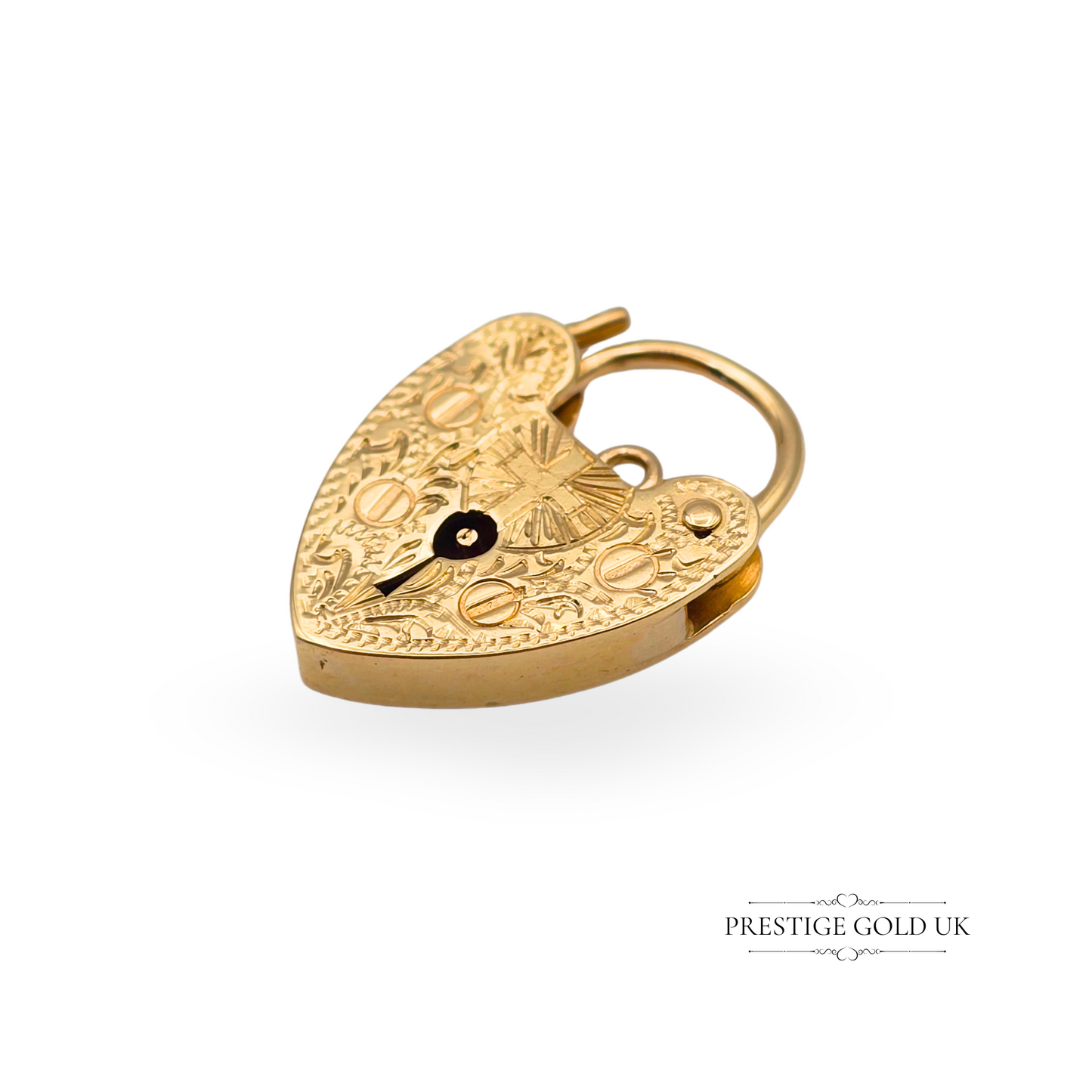 9ct Gold Heart Padlock Charm, Engraved Crucifix Cross Design Christian Symbolism
