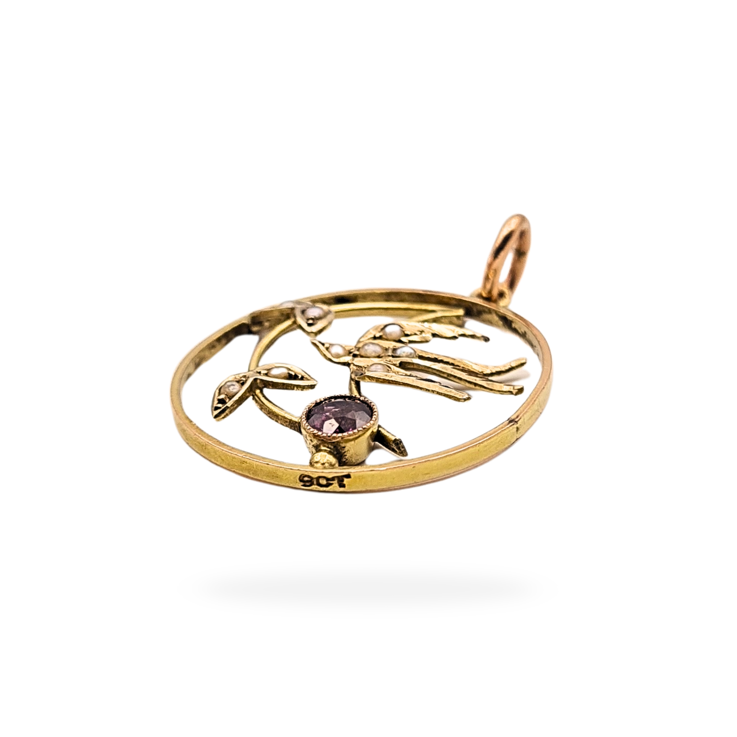 Antique 9ct Gold Swallow Pendant, Pearl Garnet, Stamped 9ct