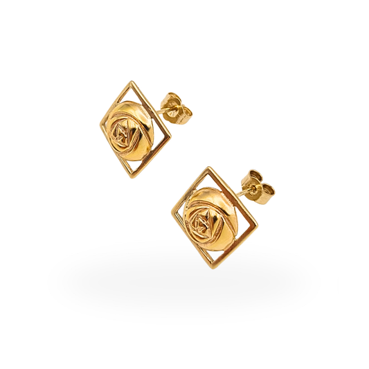 Pair of Kit Heath 9ct gold Glasgow Rose inspired stud earrings with square openwork frame, fully British hallmarked.