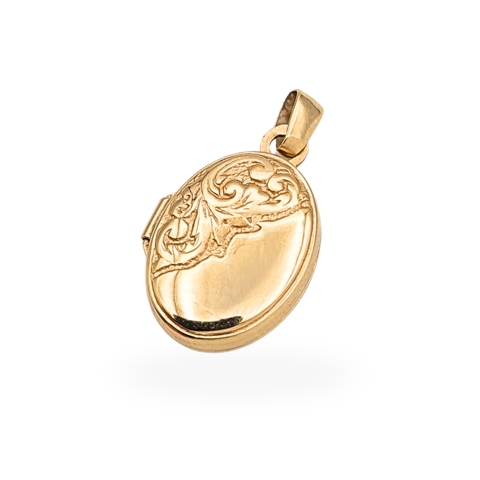 Small 9ct gold oval photo locket engraved opening pendant 16mm