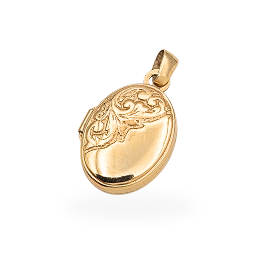 Small 9ct gold oval photo locket engraved opening pendant 16mm