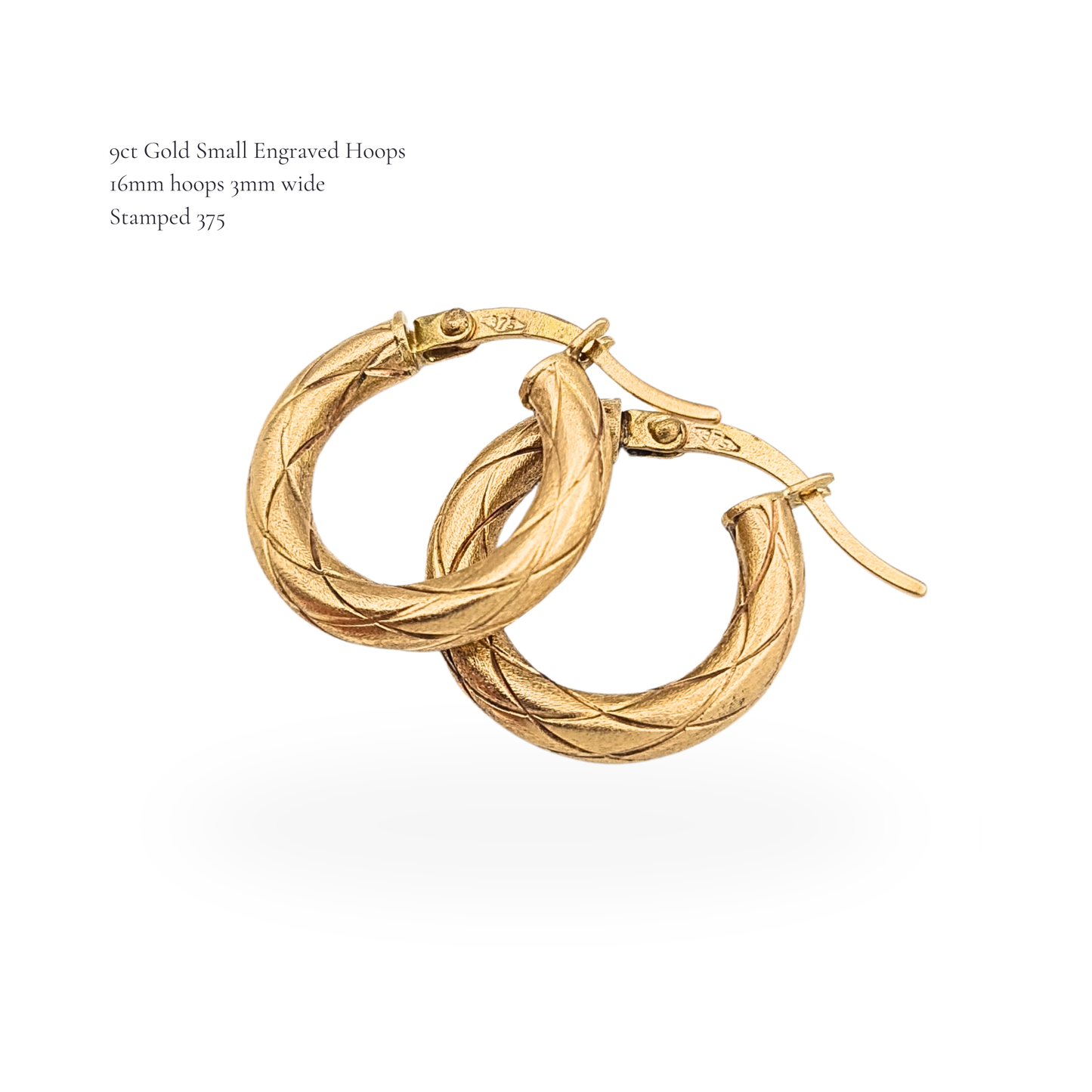 Quality 9ct Gold Small Textured Hoop Earrings Cross Hatch Flip Top Hoops