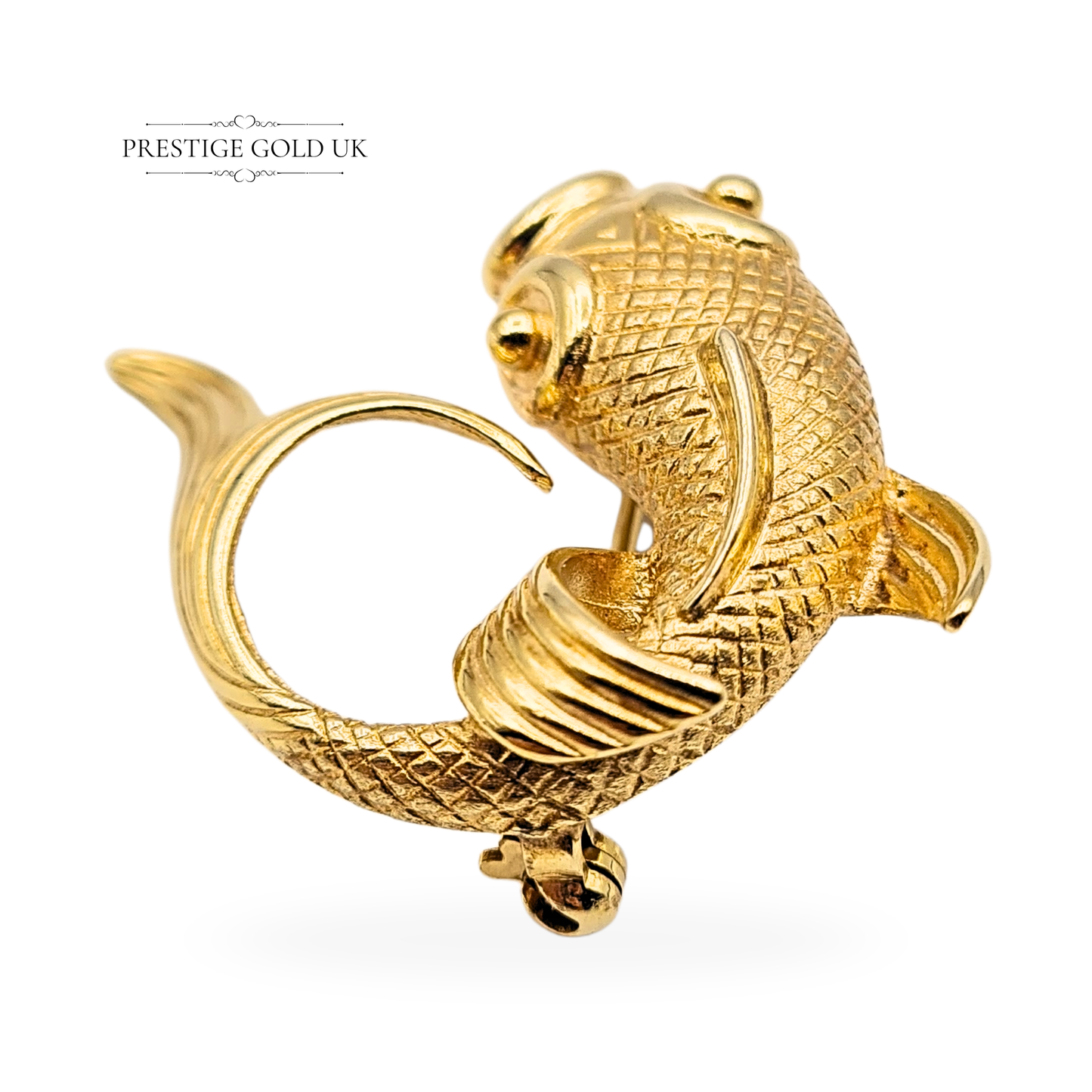 Large 9ct Gold Koi Carp Brooch, Ornate Fish Pin With Secure Clasp