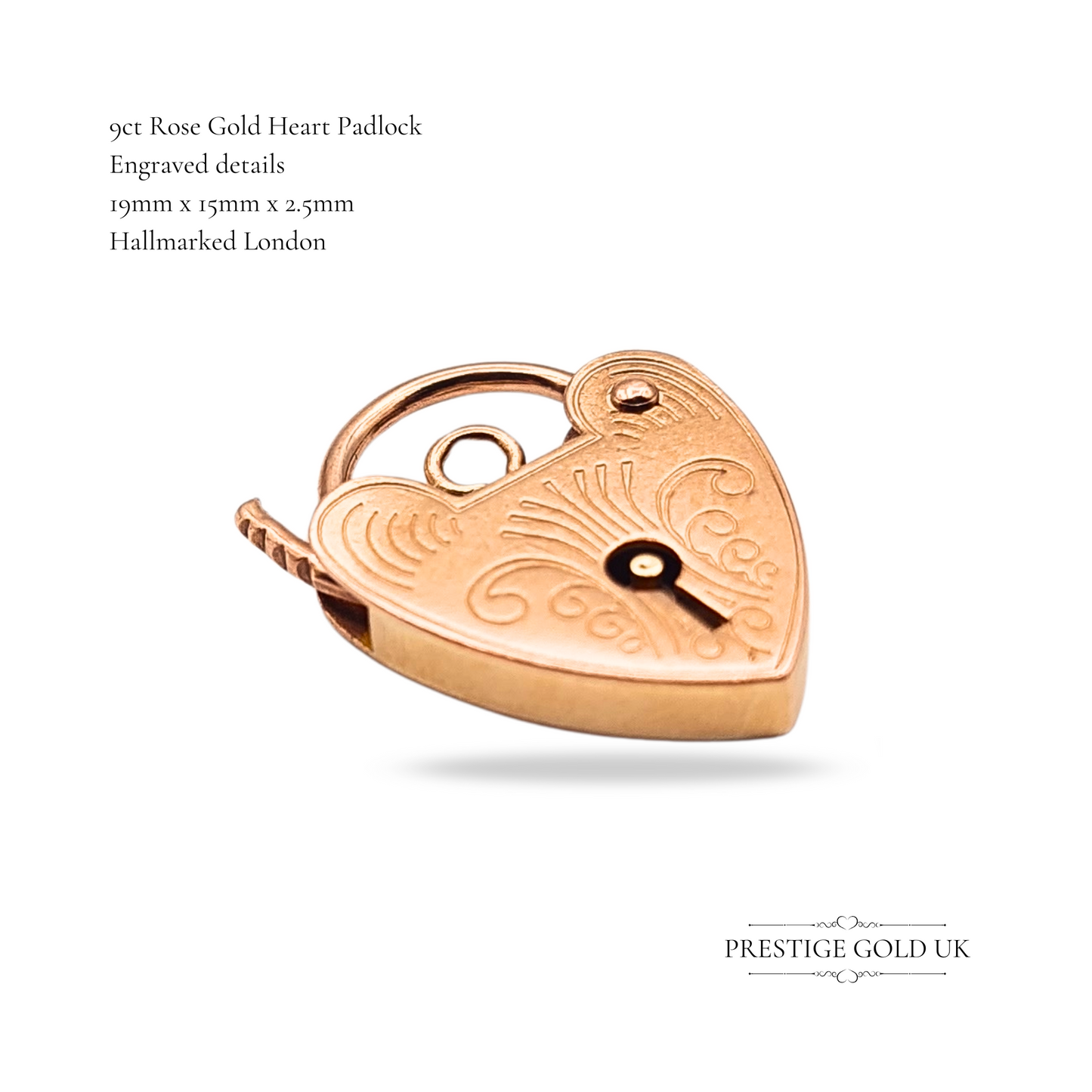 9ct Rose Gold Heart Padlock, Engraved Vintage Charm With London Hallmark