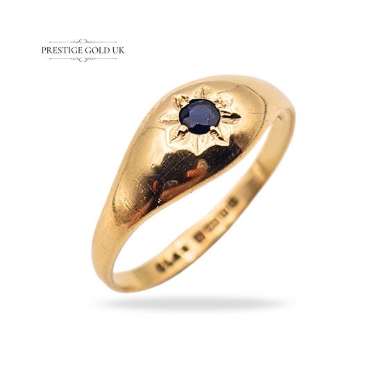Vintage 9ct gold sapphire gypsy ring, Birmingham 1988 hallmark, UK size L 1/2 (US 6). Weighs 1.21g, featuring a deep blue sapphire in a starburst mount. Elegant narrow pinky ring, ideal as a collectible or everyday vintage piece.