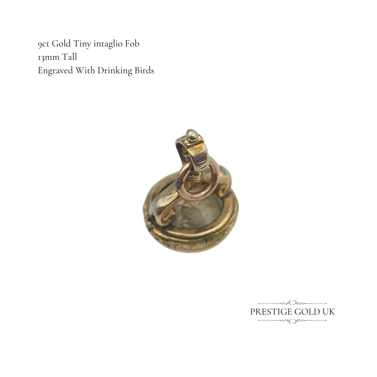 Tiny 9ct Gold Antique Intaglio Wax Seal Fob – Engraved with Drinking Birds, 13mm Tall, Open Jump Ring, Ornate Yellow Crystal Fob