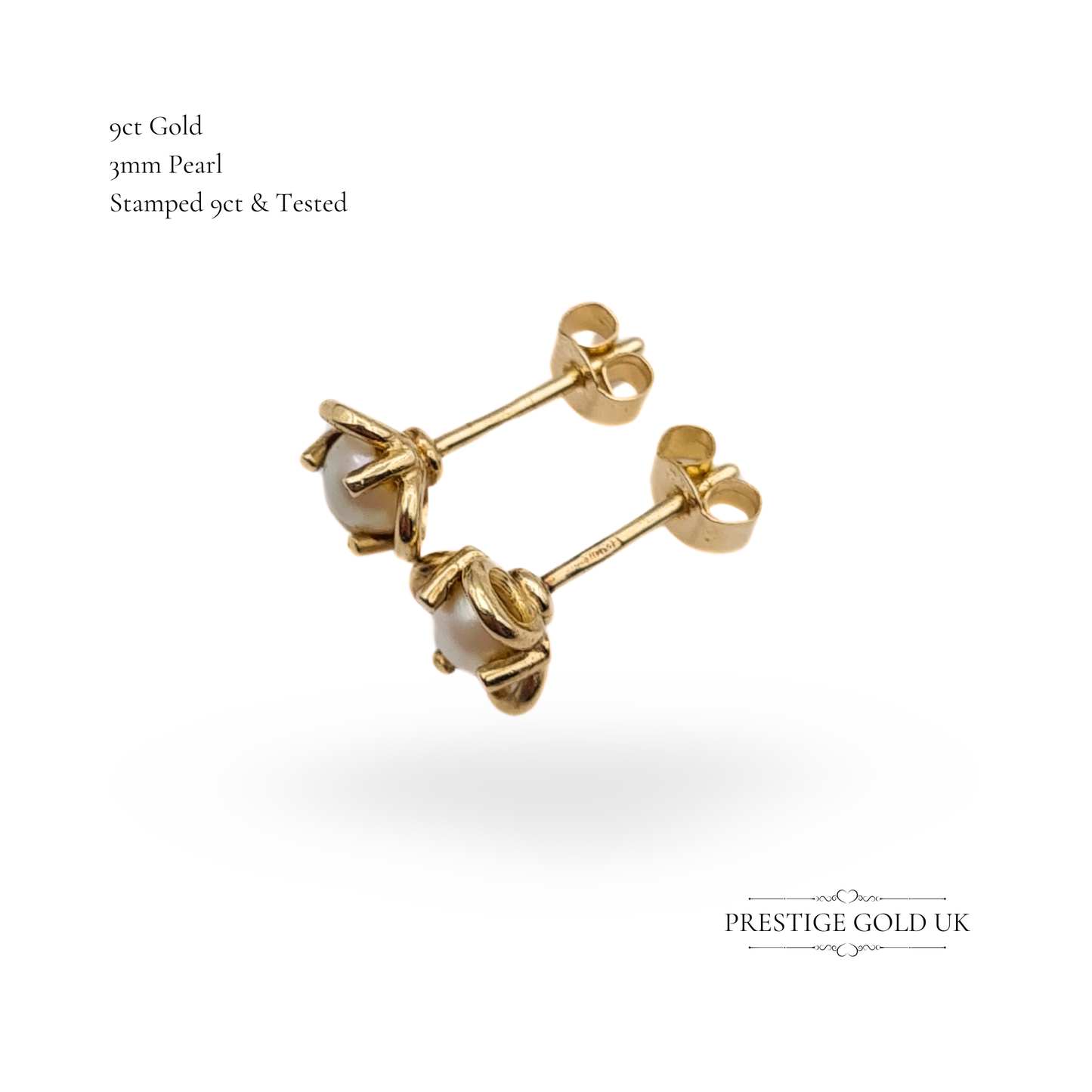 9ct Gold Pearl Stud Earrings, 3mm Cultured Pearls, Vintage Design, Butterfly Backs, Stamped 9ct, Dainty Earrings, Classic Gift for Her