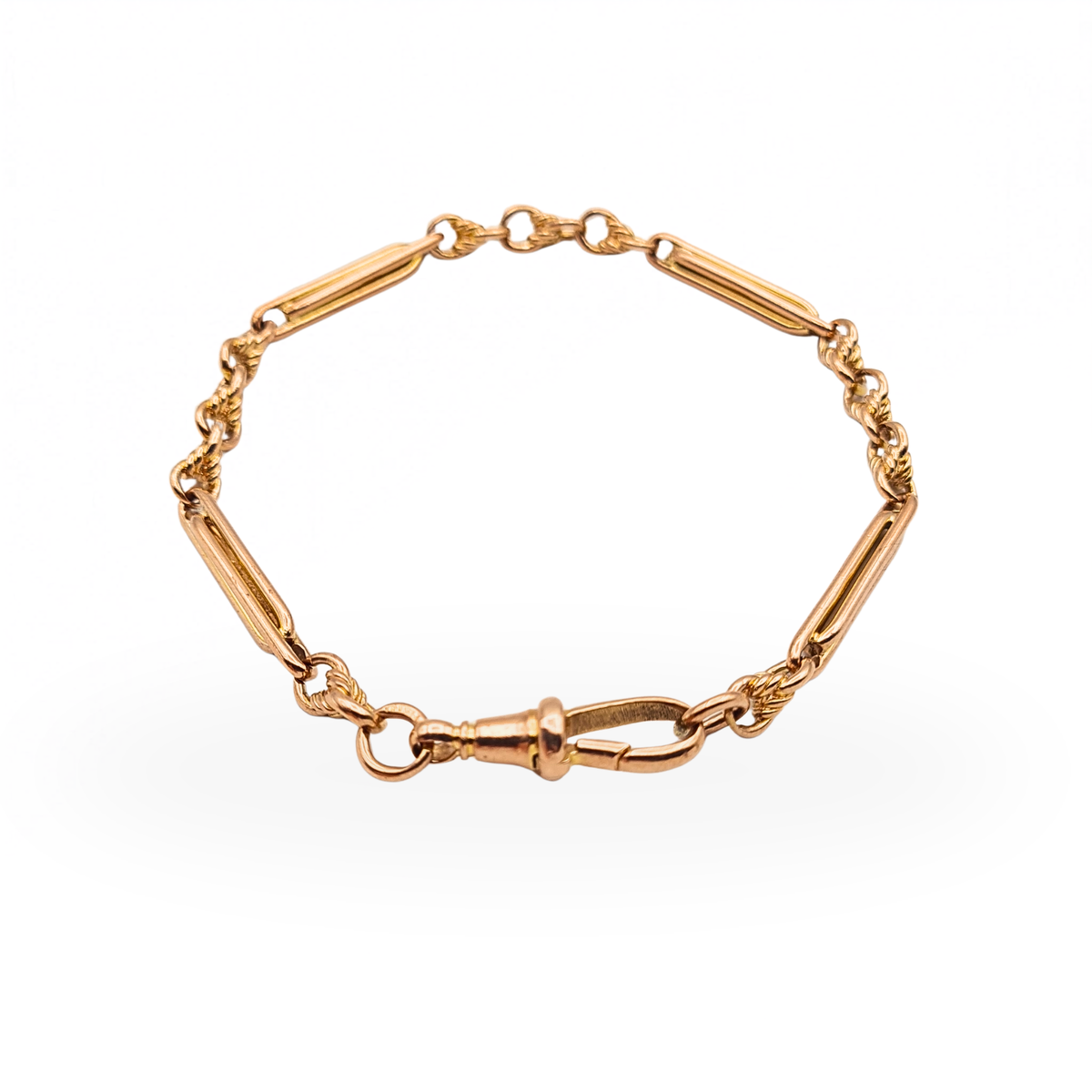 8" Long Rose Gold Albert Bracelet With Trombone Rope Links & Dog Clip .
