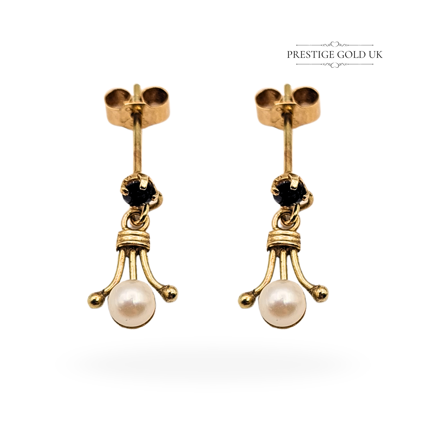 9ct Gold Pearl & Sapphire Earrings, 15mm Drop, Victorian Style