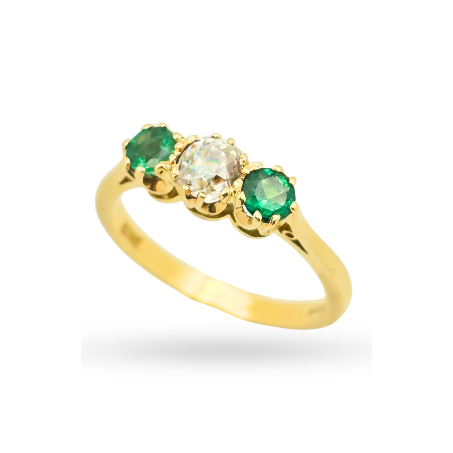 Quality 18ct Gold Diamond Emerald Trilogy Ring UK M 1/2  US 6 1/2