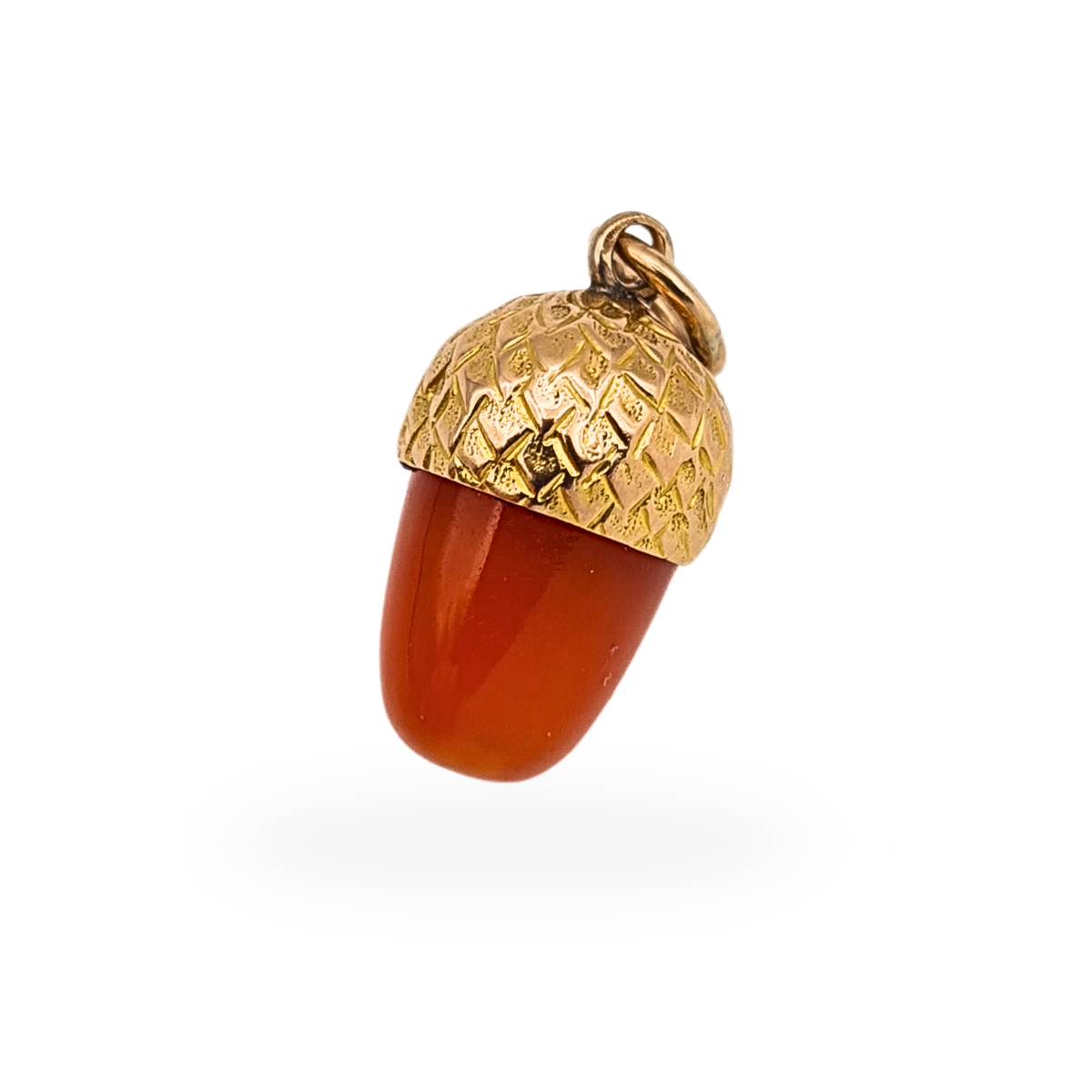 9ct gold and orange acorn charm pendant with textured gold acorn cap, 18mm tall