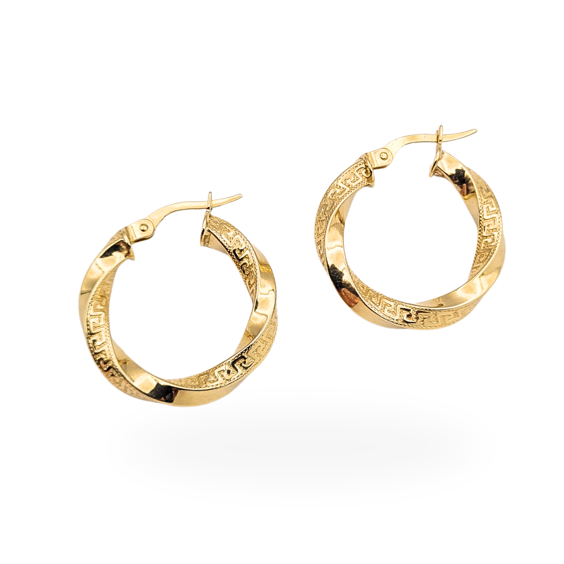 Pair of round 9ct gold twist engraved hoop earrings measuring 22mm in diameter and 3.5mm wide, fully British hallmarked and fitted with secure flip top fasteners. Lightweight at 1.9g with textured twist detailing for elegant everyday wear.
