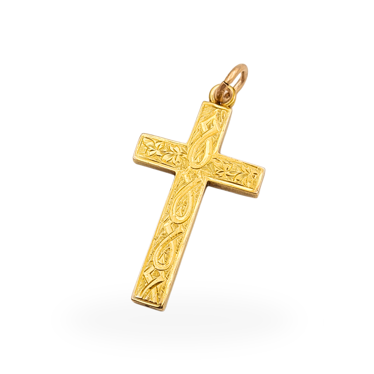 15ct gold hand engraved cross pendant with detailed one-sided decoration and Birmingham 1900 hallmark