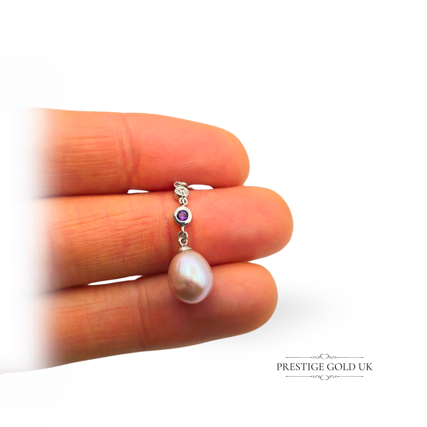 9ct White Gold Drop Earrings with Pink Freshwater Pearls, Amethyst & Diamonds