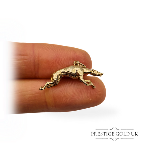 Vintage 9ct Gold Running Greyhound Charm, Fully Hallmarked London 1968, 30mm Long, Detailed Solid Gold Design