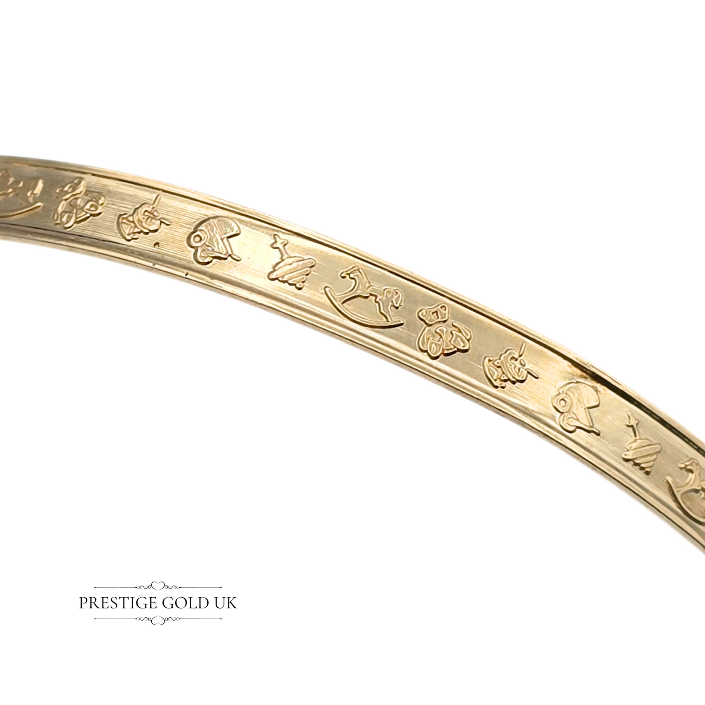 4 3/4" Vintage 9ct Gold Baby Bangle,  (12.5cm), 3mm Wide, Embossed Child's Toys Design, Christening Gift, Adjustable Gold Bracelet