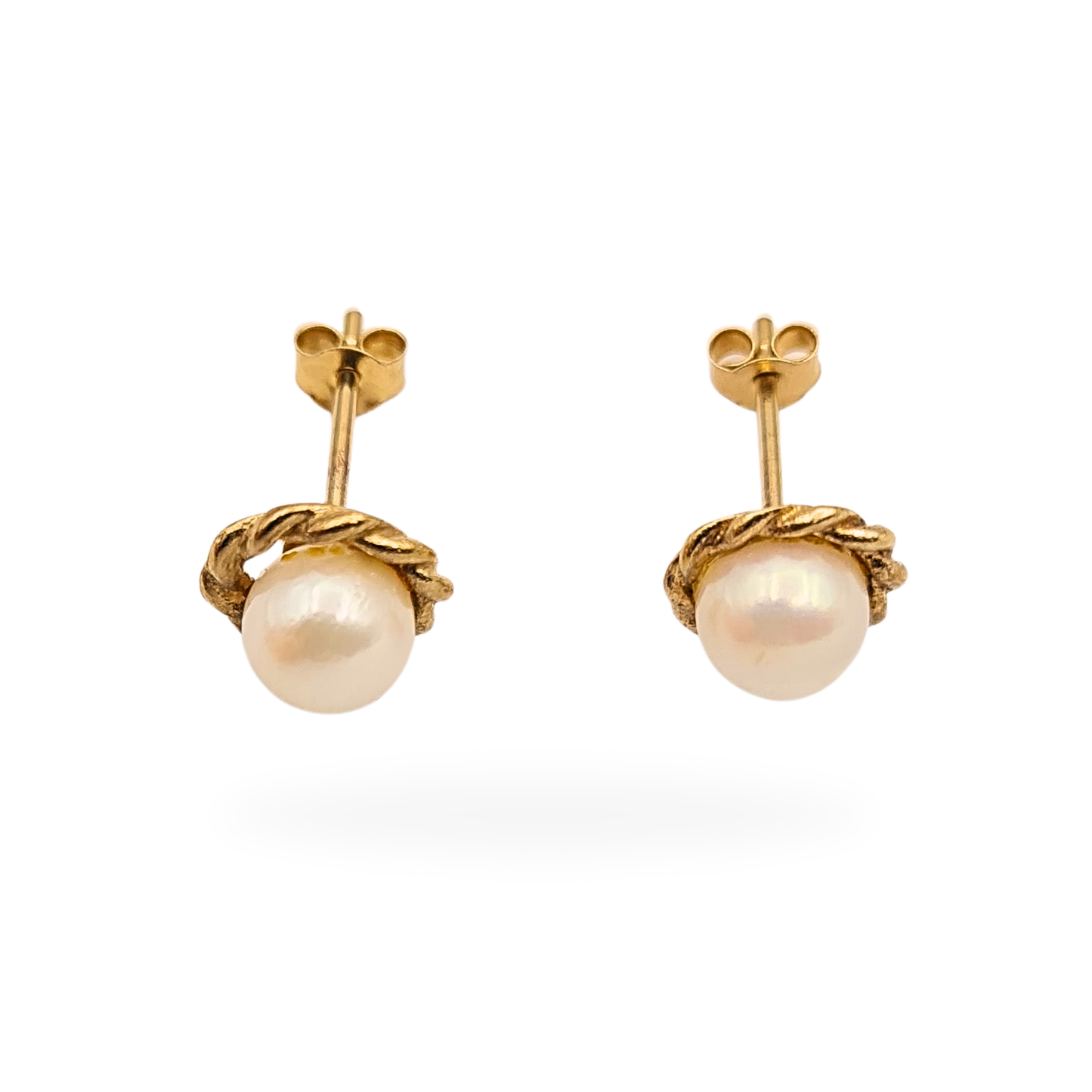 9ct Gold Pearl Stud Earrings, Rope Edge, Dainty Jewellery