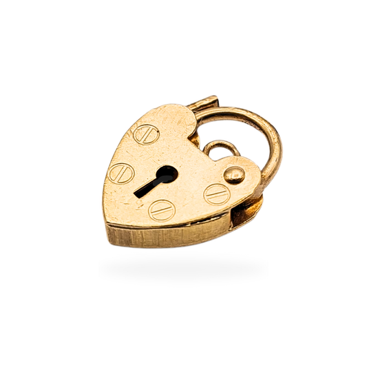Tiny 9ct yellow gold heart padlock charm with working secure lock, made by ASJ and fully hallmarked in London 1991. Petite 13 x 10 x 2mm size weighing approximately 0.8g, featuring classic keyhole detailing and warm vintage gold finish.